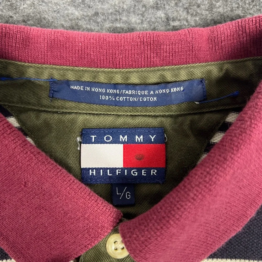 Vintage Tommy Hilfiger Rugby Polo Shirt Mens Large Navy Blue Striped Long Sleeve